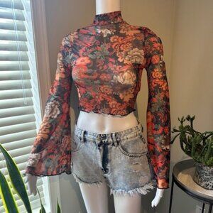 Black/Orange Floral Sheer Crop Top